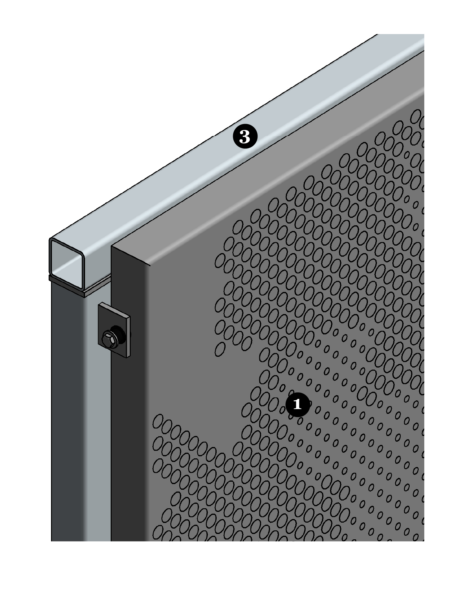 Detail van de hoek van het bevestigingssysteem DER113 voor gevelpanelen van MD Designperforatie
